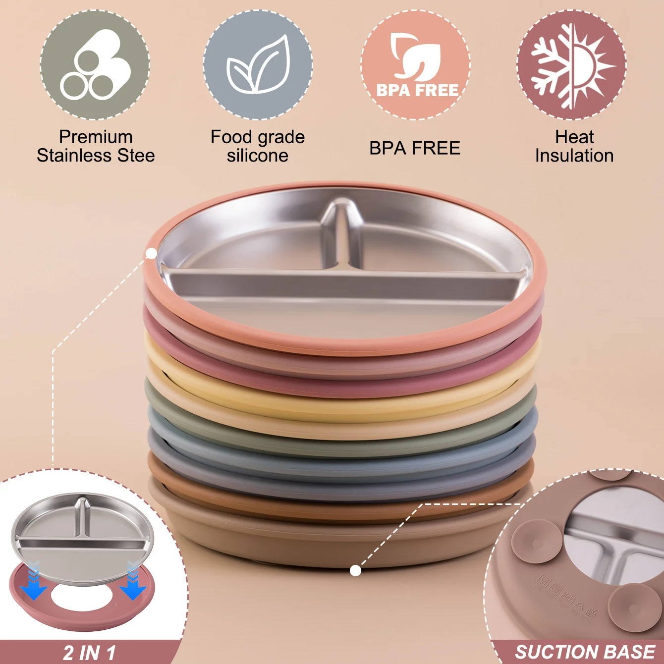 Color Kids 1PCS Stainless Steel Plate Detachable Suction Dishes Baby Feeding Sucker Bowl Food Grade Silicone Food Tray Tableware thumbnail 6