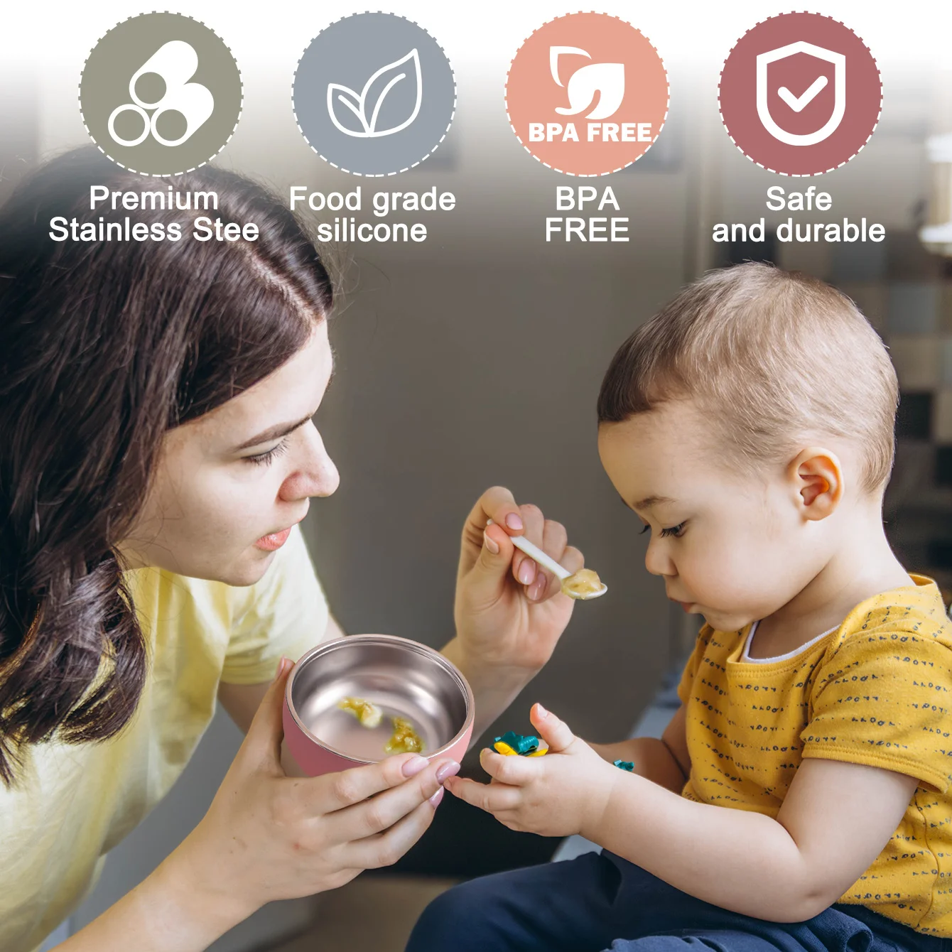 Color Kids 2PCS Stainless Steel Bowl Tableware Set For Baby Feeding Detachable Silicone Food Dish Plate BPA Free Kids Dinnerware thumbnail 6