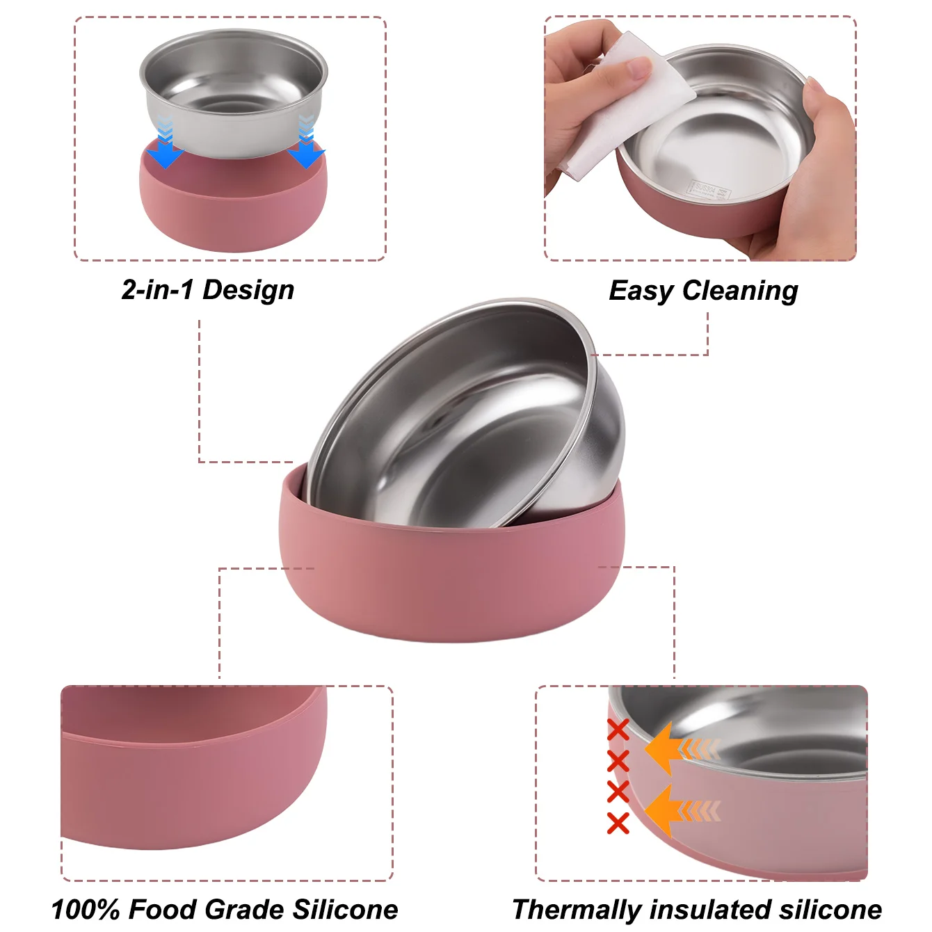 Color Kids 2PCS Stainless Steel Bowl Tableware Set For Baby Feeding Detachable Silicone Food Dish Plate BPA Free Kids Dinnerware thumbnail 5