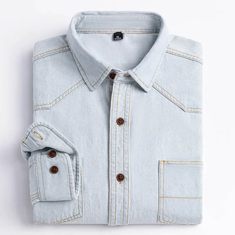2025 Denim Long-Sleeve Double or Single  Pocket Design Shirt Classic 100% Cotton Fashion Embroider Comfortable Clothes thumbnail 5