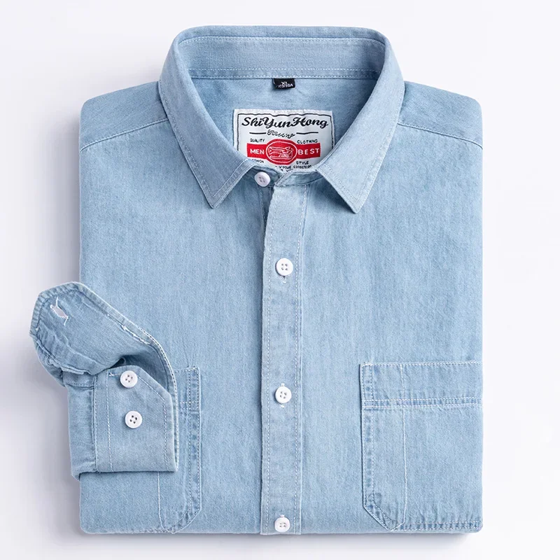 2025 Denim Long-Sleeve Double or Single  Pocket Design Shirt Classic 100% Cotton Fashion Embroider Comfortable Clothes thumbnail 4