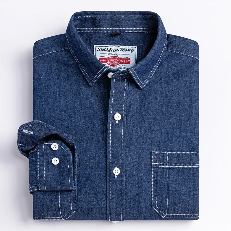 2025 Denim Long-Sleeve Double or Single  Pocket Design Shirt Classic 100% Cotton Fashion Embroider Comfortable Clothes thumbnail 3
