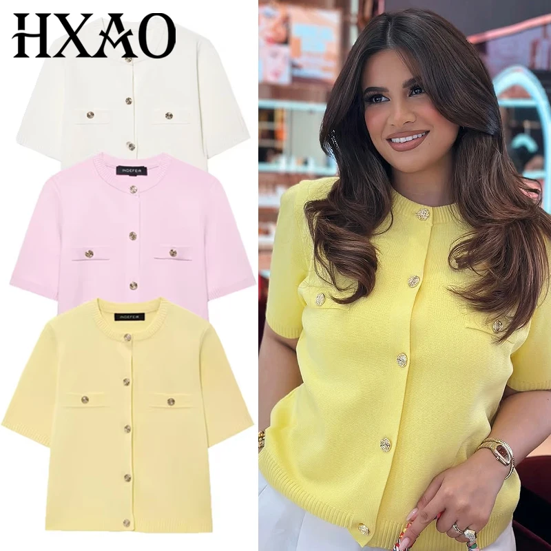 HXAO Crop Knit Cardigan For Women Summer 2025 Women's Sweater Pink Yellow White Knitwear Elegant Chic Short Sleeve Coat Cardigan