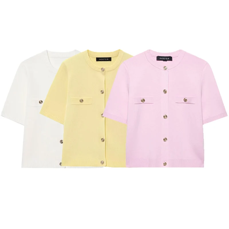 HXAO Crop Knit Cardigan For Women Summer 2025 Women's Sweater Pink Yellow White Knitwear Elegant Chic Short Sleeve Coat Cardigan thumbnail 2