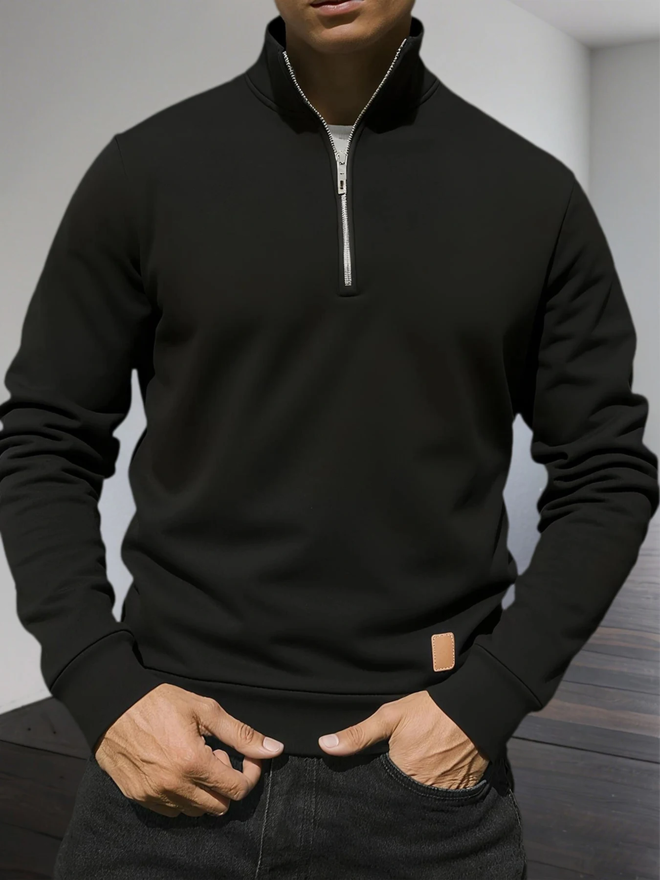 Men's Half Zipper Sweatshirts Long Sleeve Solid Color Pullover Turtleneck Streetwear Winter Warm Jacket Sport Coats thumbnail 2