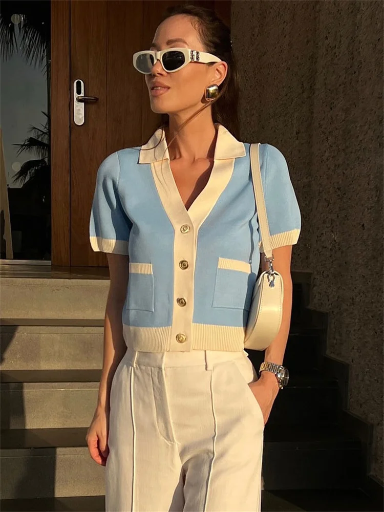 Tossy Knit Sweater Cardigan Coat Female Pocket V-Neck Contrast Short Sleeve Patchwork Elegant Vest Women's Knitwear Cardigan Top thumbnail 3