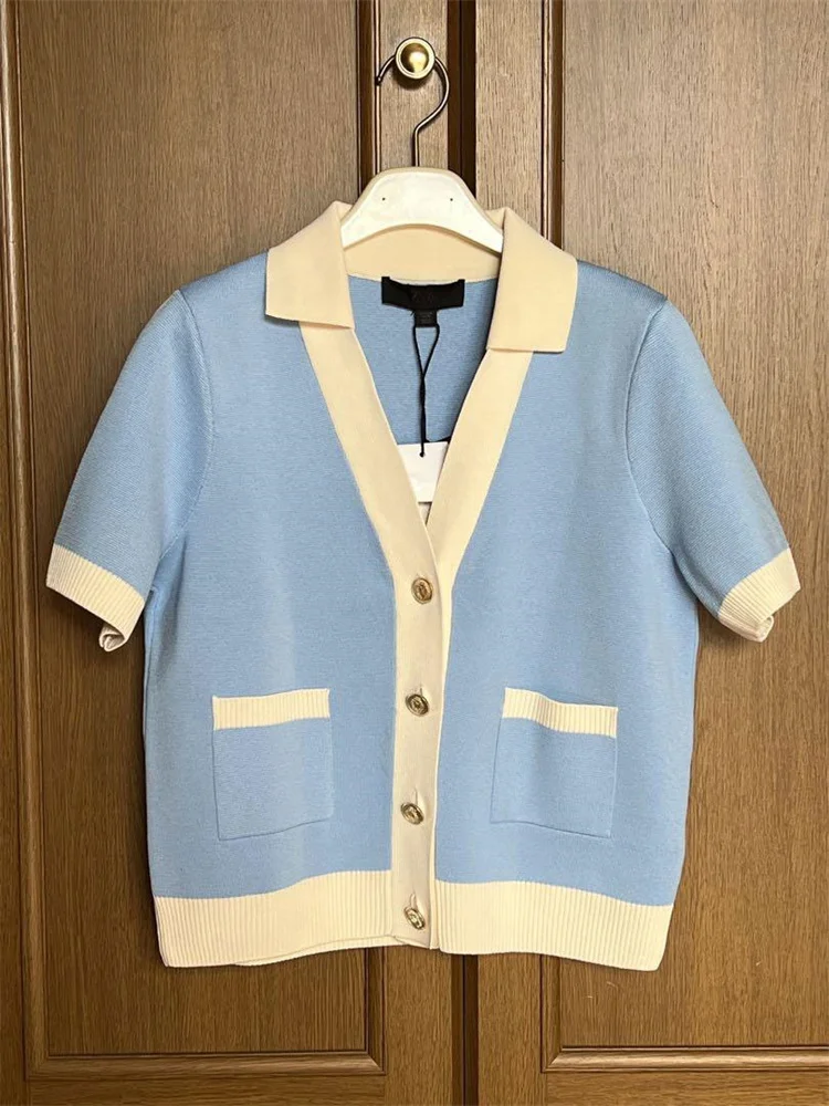 Tossy Knit Sweater Cardigan Coat Female Pocket V-Neck Contrast Short Sleeve Patchwork Elegant Vest Women's Knitwear Cardigan Top thumbnail 5