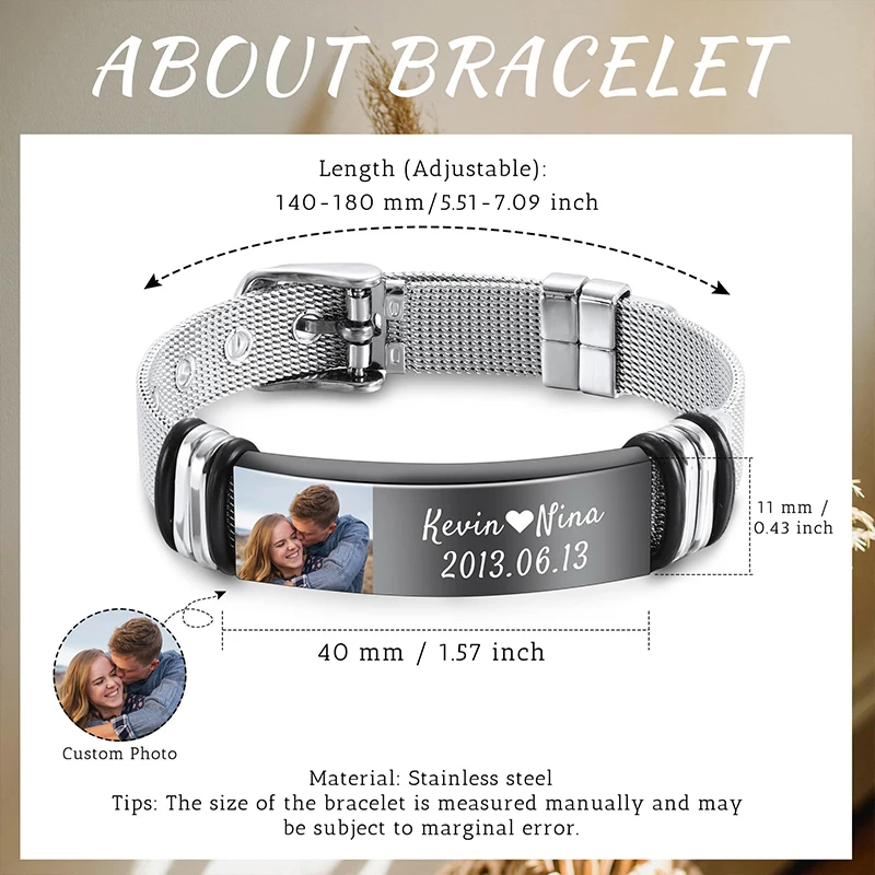 Customized Photo Text Bracelet Personalized Stainless Steel Men`s Bracelet Engravable Picture Can Be Custom Family Friends Photo thumbnail 5