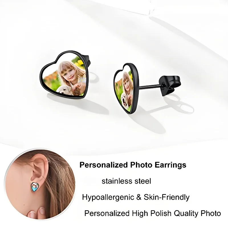 Personalized Custom Photo Earrings for Women Round/Heart Ear Studs Stainless Steel/18K Gold Fun Gift for Birthday Christmas thumbnail 4