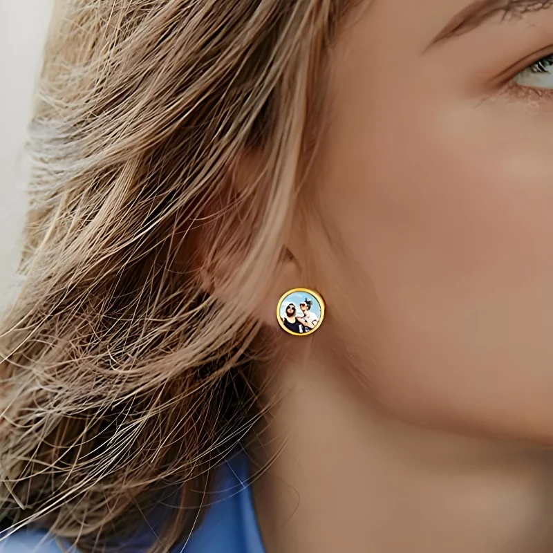 Personalized Custom Photo Earrings for Women Round/Heart Ear Studs Stainless Steel/18K Gold Fun Gift for Birthday Christmas thumbnail 5