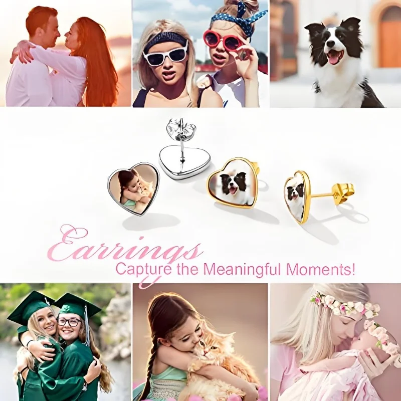 Personalized Custom Photo Earrings for Women Round/Heart Ear Studs Stainless Steel/18K Gold Fun Gift for Birthday Christmas thumbnail 3