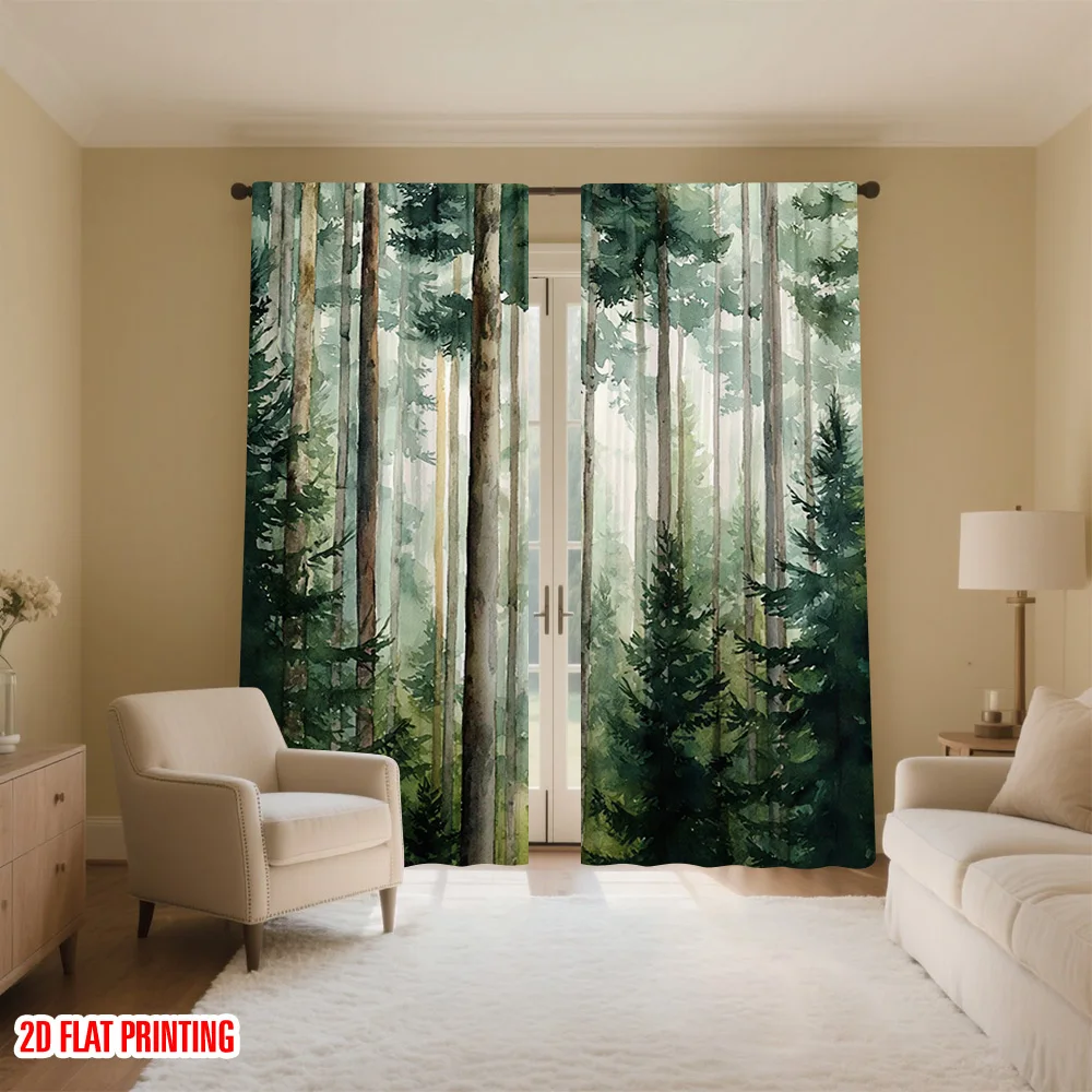 2pcs 2D flat printing Window Treatment Curtains Forest Versatile Durable Polyester Without Electricity Festive Curtains Use for thumbnail 5