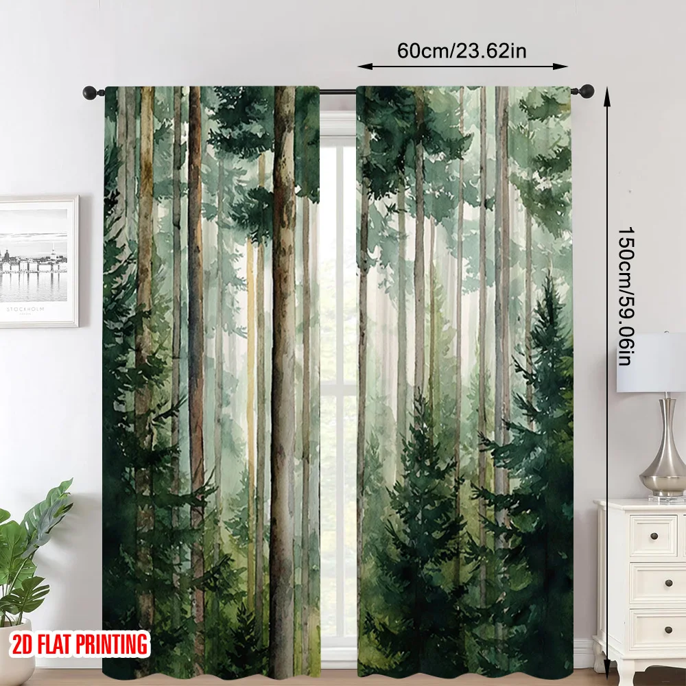 2pcs 2D flat printing Window Treatment Curtains Forest Versatile Durable Polyester Without Electricity Festive Curtains Use for thumbnail 2