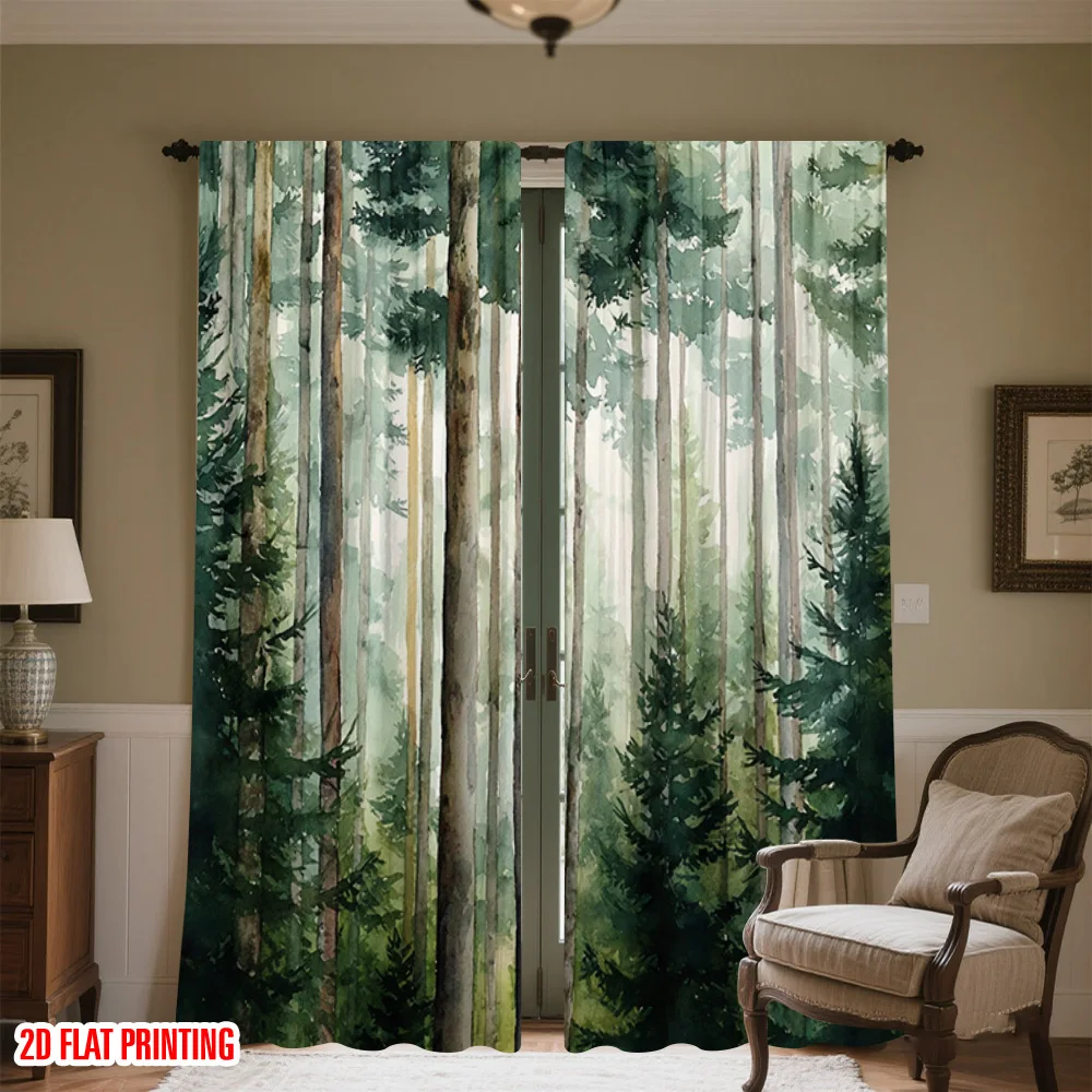 2pcs 2D flat printing Window Treatment Curtains Forest Versatile Durable Polyester Without Electricity Festive Curtains Use for thumbnail 6