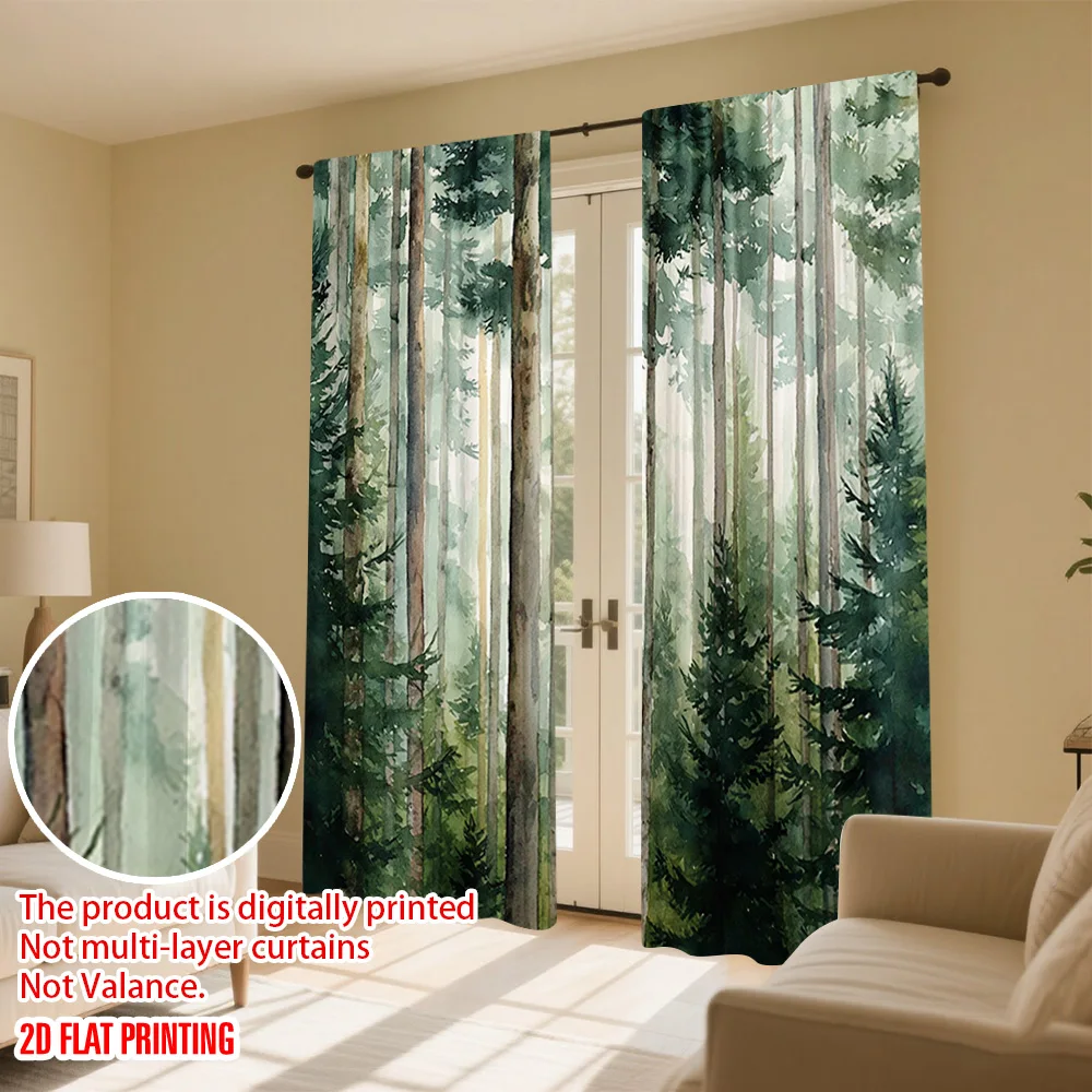 2pcs 2D flat printing Window Treatment Curtains Forest Versatile Durable Polyester Without Electricity Festive Curtains Use for thumbnail 4