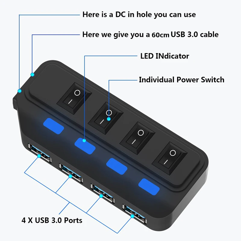 Switch Extension Hub 4-port USB 3.0 Hub Computer USB Extension Hub One Drag Four USB3.0 Splitter PC Laptop Desktop thumbnail 5