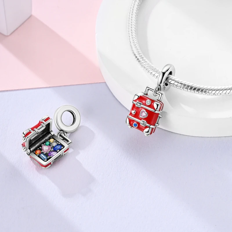 Red Series Charms Beads Pendan 925 Sterling Silver Suitcase Red Wine High Heels Cherry Charm Fit Original Bracelet Woman Jewelry thumbnail 3