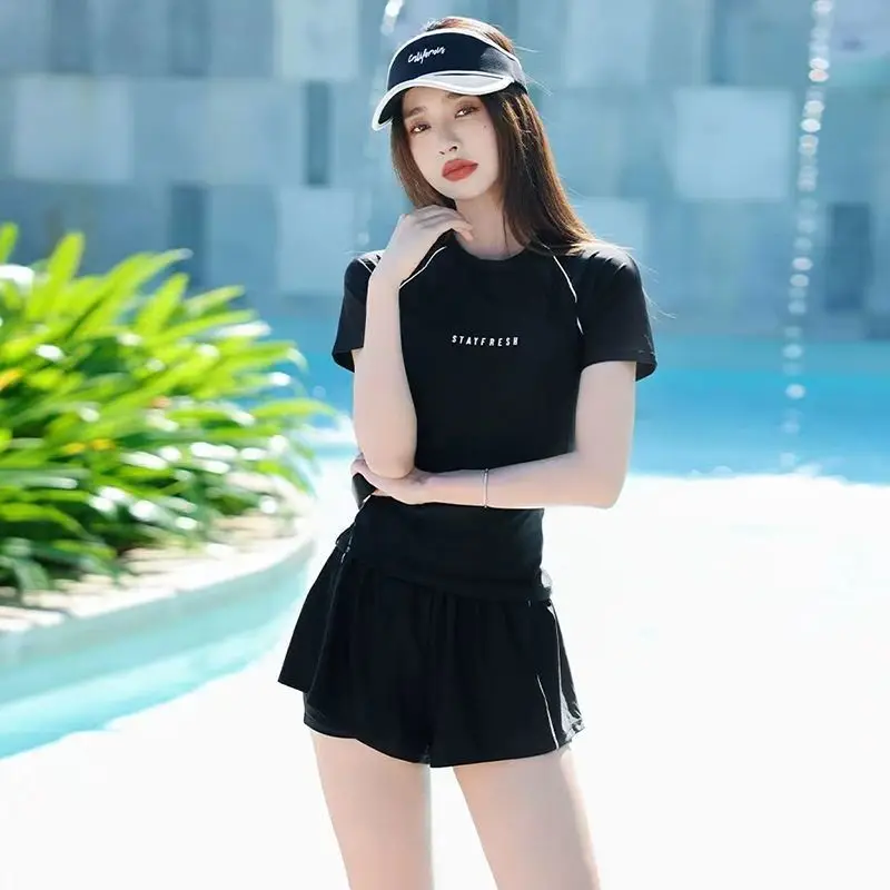 Sports Swimsuit, Swimsuit, Women's New Plus Size Two-piece Set, Short Sleeved, Student Hot Spring Conservative Swimsuit thumbnail 2