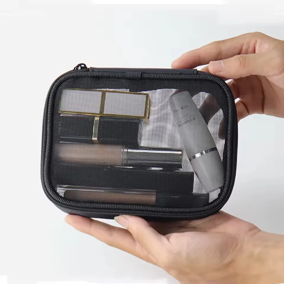 Black Women Makeup Bag Women Solid Color Zipper Cosmetic Bag Mesh Transparent Casual Travel Portable Mini Wash Storage Bags thumbnail 3
