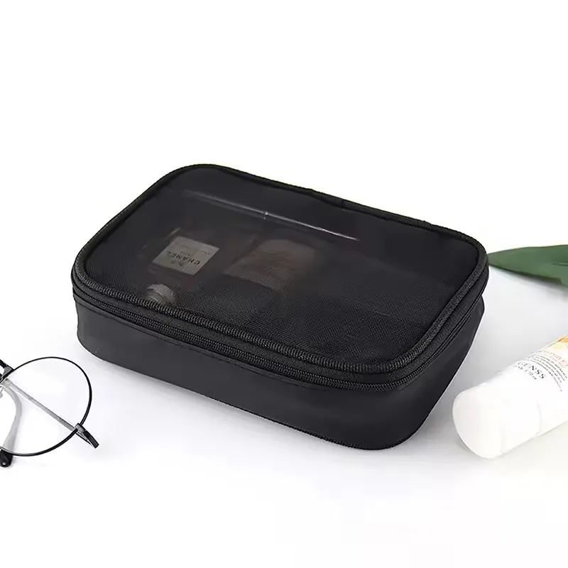 Black Women Makeup Bag Women Solid Color Zipper Cosmetic Bag Mesh Transparent Casual Travel Portable Mini Wash Storage Bags thumbnail 6