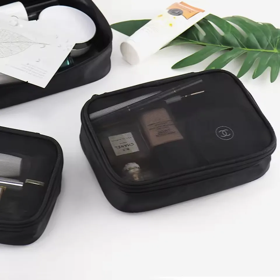 Black Women Makeup Bag Women Solid Color Zipper Cosmetic Bag Mesh Transparent Casual Travel Portable Mini Wash Storage Bags thumbnail 5