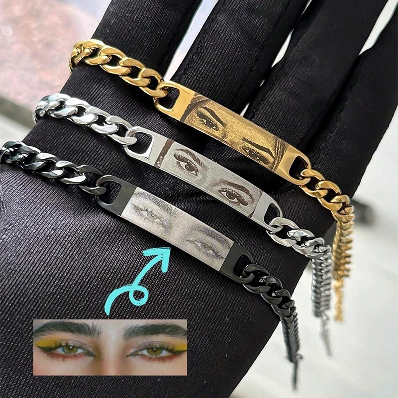 Customized Photo Engraved Couple Bracelet Personalized Laser Engraved Eye Picture On Stainless Steel Chain Jewelry Couples Gifts thumbnail 6