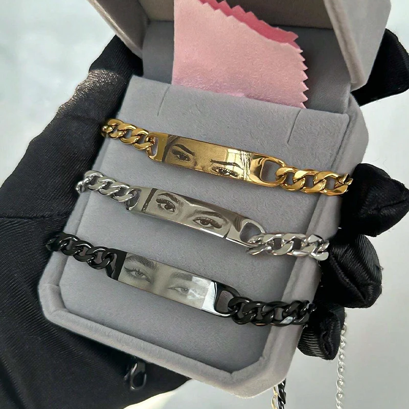 Customized Photo Engraved Couple Bracelet Personalized Laser Engraved Eye Picture On Stainless Steel Chain Jewelry Couples Gifts thumbnail 2