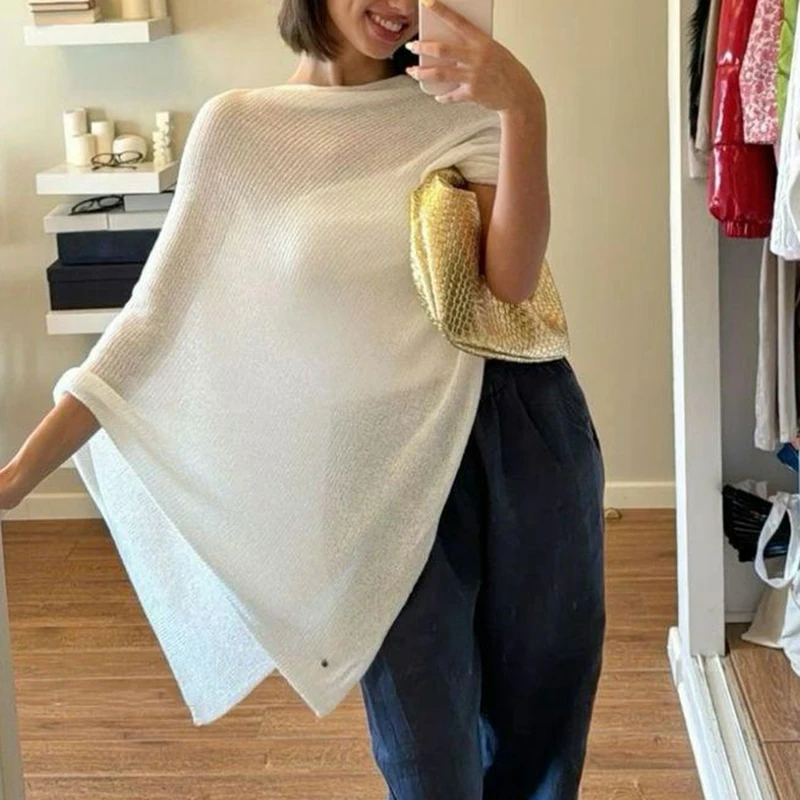 Combhasaki Women Knitwear Bikini Cover-up See-through Solid Off Shoulder Irregular Triangle Hem Loose Pullover Summer Beach Tops thumbnail 3