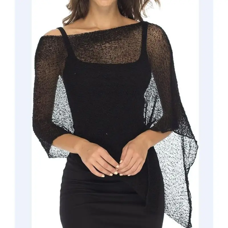 Combhasaki Women Knitwear Bikini Cover-up See-through Solid Off Shoulder Irregular Triangle Hem Loose Pullover Summer Beach Tops thumbnail 5