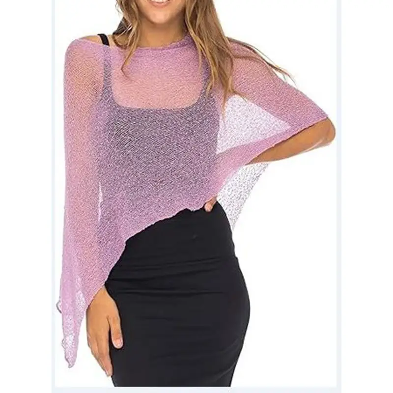 Combhasaki Women Knitwear Bikini Cover-up See-through Solid Off Shoulder Irregular Triangle Hem Loose Pullover Summer Beach Tops thumbnail 6