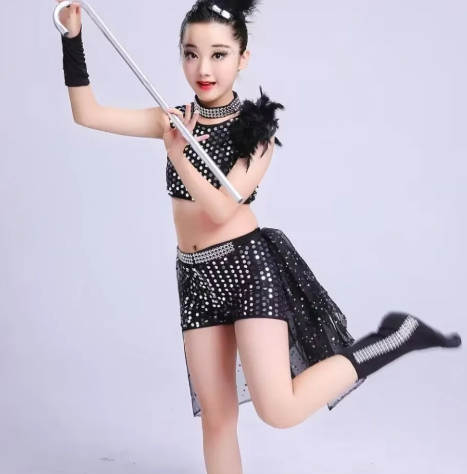 1set/lot fashion black sequin jazz dance costumes girl fashion hip hop vest and shorts thumbnail 5