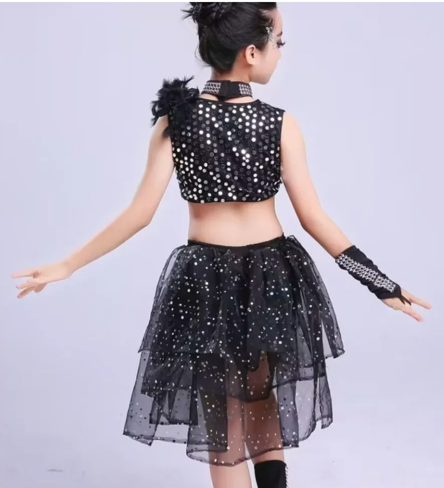 1set/lot fashion black sequin jazz dance costumes girl fashion hip hop vest and shorts thumbnail 4