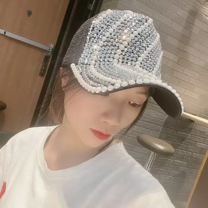 New Baseball Cap Women Full Rhinestone Beads Mesh Cap Street Fashion Snapback Hats Casual Party Hip Hop Kpop Dance Cap thumbnail 4