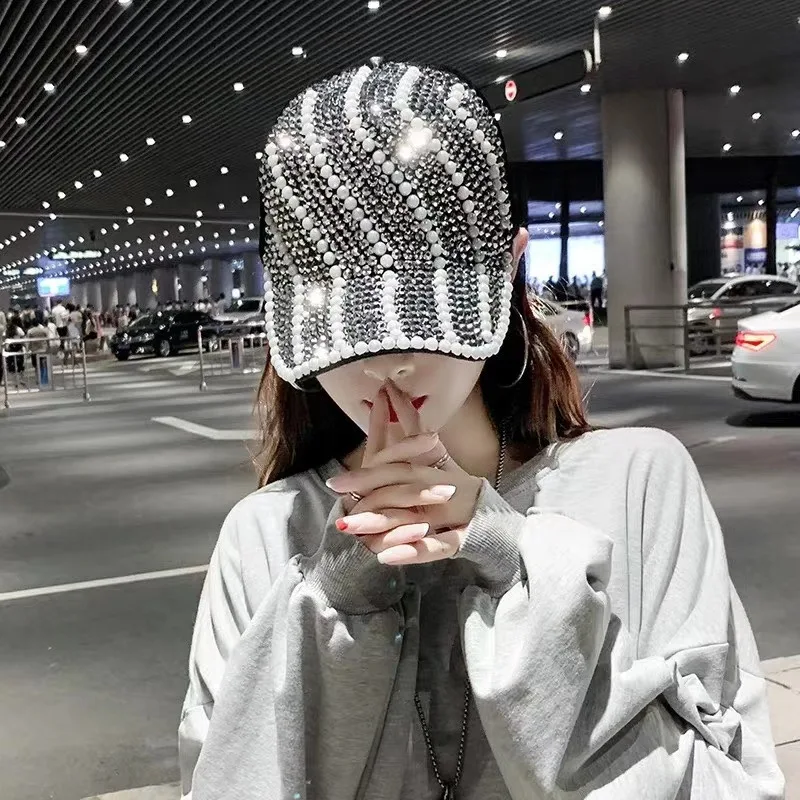 New Baseball Cap Women Full Rhinestone Beads Mesh Cap Street Fashion Snapback Hats Casual Party Hip Hop Kpop Dance Cap