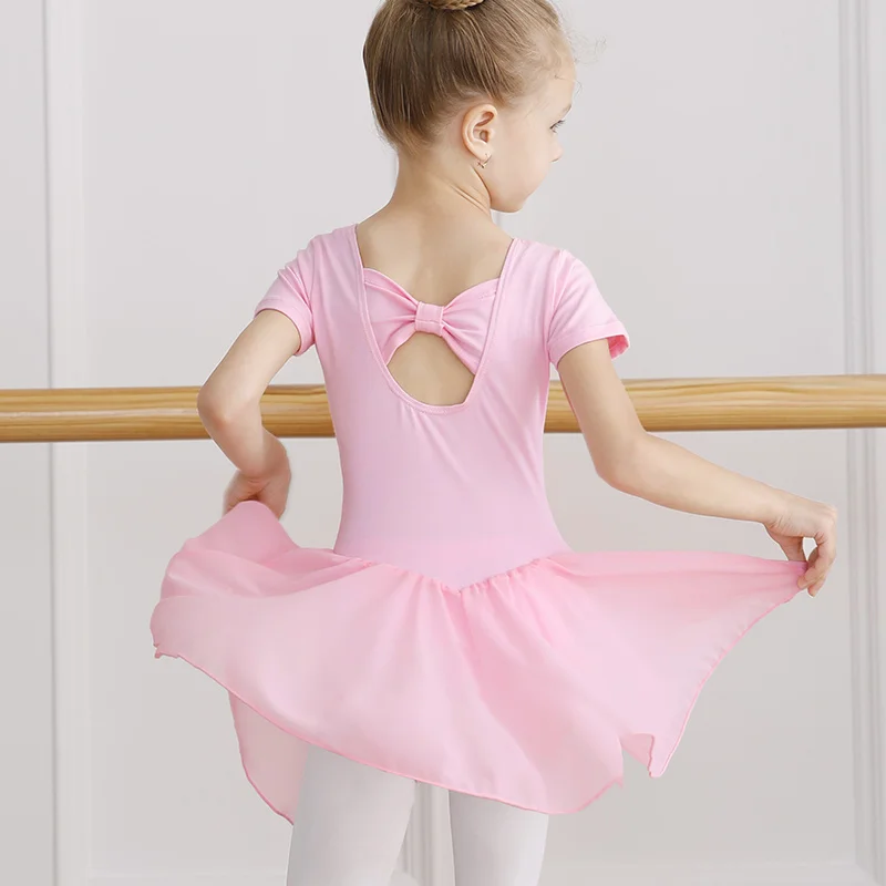 Girl Ballet Leotard with Chiffon Tulle Skirt Kids Bowknot Lyrical Dance Dress Short/Long Sleeve Bodysuit Back Bow Tie Dance Wear thumbnail 3