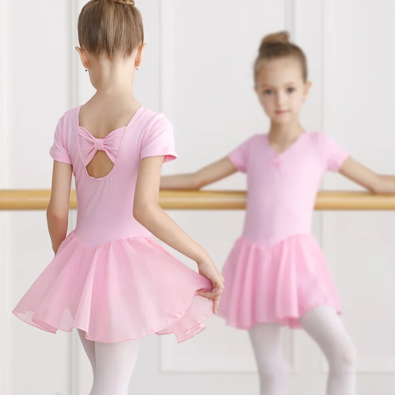 Girl Ballet Leotard with Chiffon Tulle Skirt Kids Bowknot Lyrical Dance Dress Short/Long Sleeve Bodysuit Back Bow Tie Dance Wear