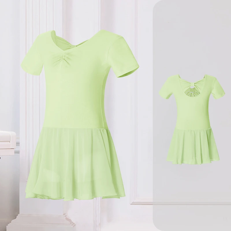 Girl Ballet Leotard with Chiffon Tulle Skirt Kids Bowknot Lyrical Dance Dress Short/Long Sleeve Bodysuit Back Bow Tie Dance Wear thumbnail 4