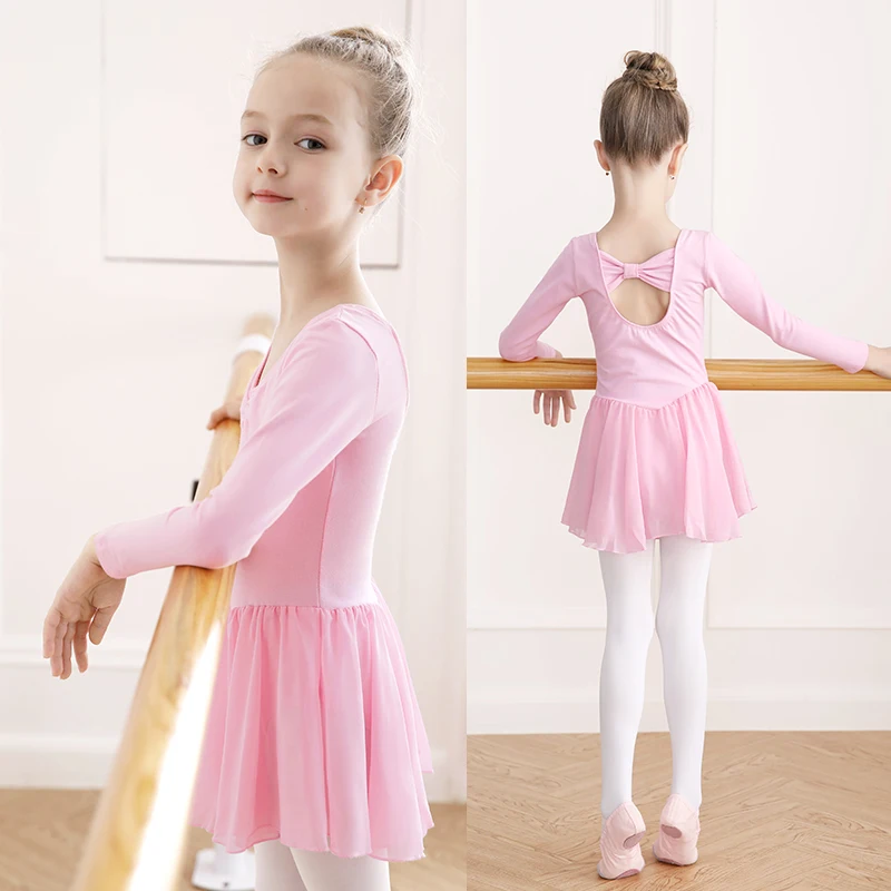Girl Ballet Leotard with Chiffon Tulle Skirt Kids Bowknot Lyrical Dance Dress Short/Long Sleeve Bodysuit Back Bow Tie Dance Wear thumbnail 2