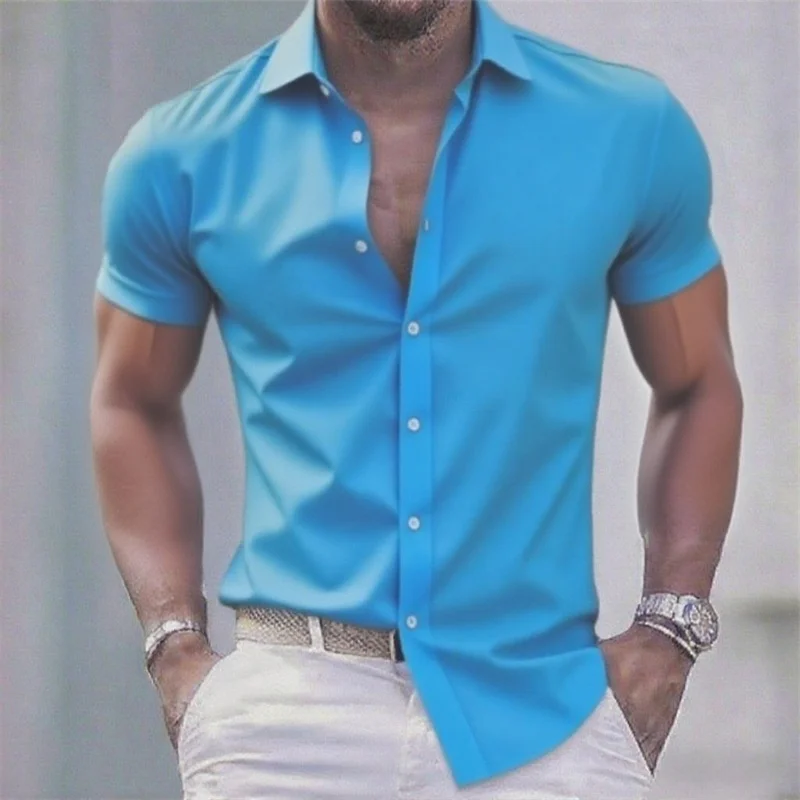 Solid color men's casual shirt, fashionable casual short sleeve stretch fabric, business formal shirt, comfortable fabric thumbnail 3