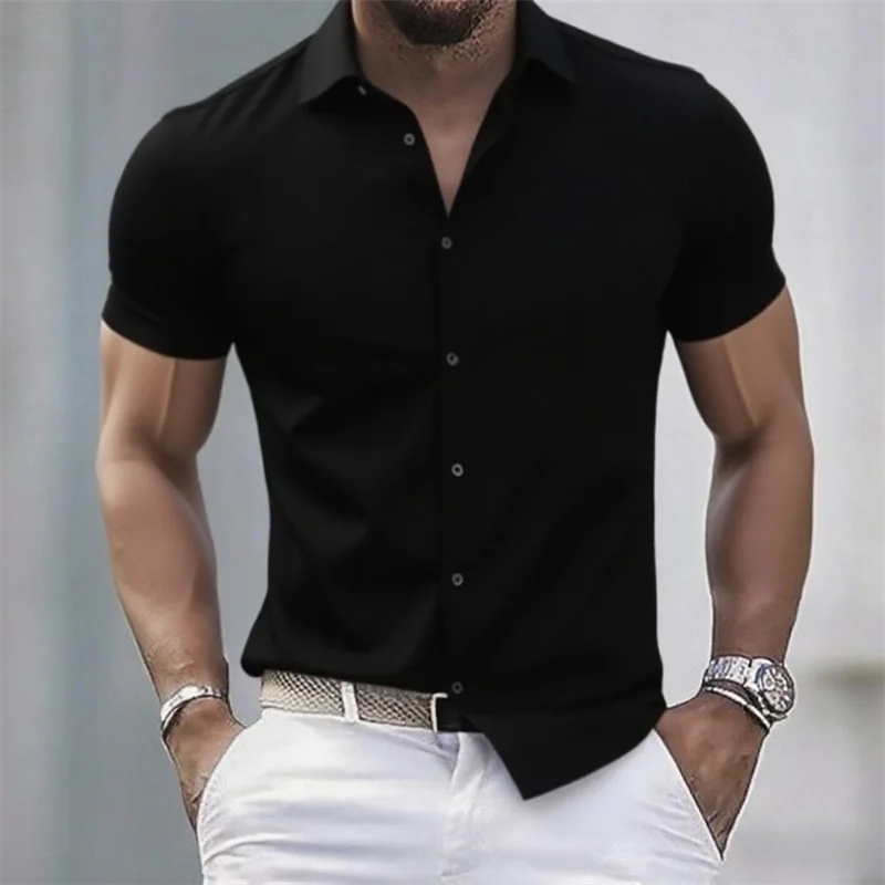 Solid color men's casual shirt, fashionable casual short sleeve stretch fabric, business formal shirt, comfortable fabric thumbnail 6