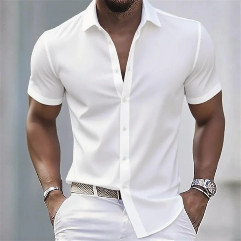 Solid color men's casual shirt, fashionable casual short sleeve stretch fabric, business formal shirt, comfortable fabric thumbnail 2
