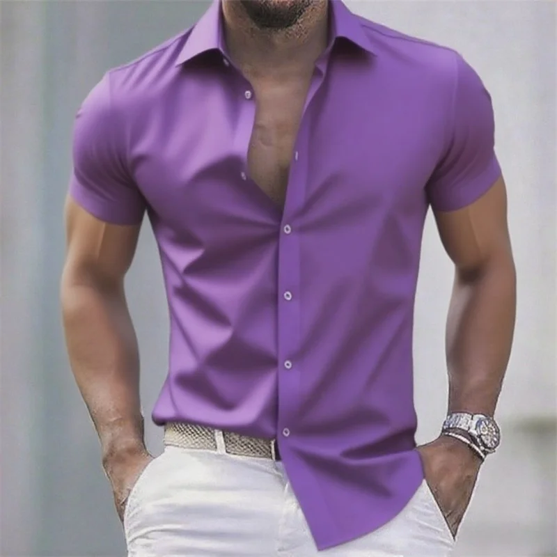 Solid color men's casual shirt, fashionable casual short sleeve stretch fabric, business formal shirt, comfortable fabric thumbnail 5
