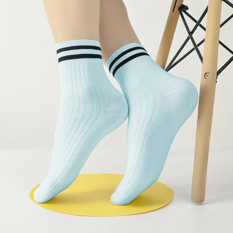 Kids Boys Girls Cotton Socks - Seamless Double Needle Ribbed 2-Stripe, Teens Students All Season School Home Sports Socks thumbnail 4