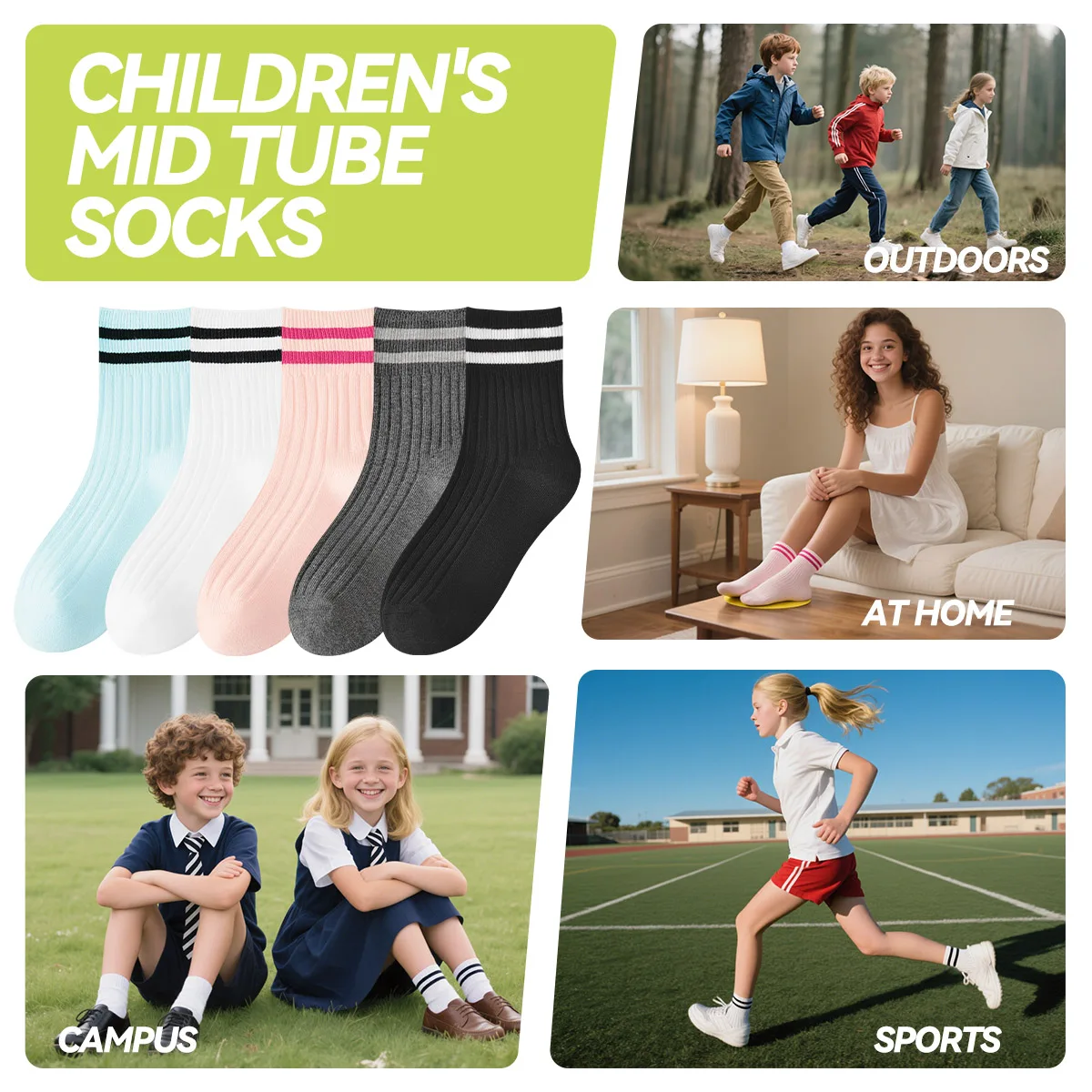 Kids Boys Girls Cotton Socks - Seamless Double Needle Ribbed 2-Stripe, Teens Students All Season School Home Sports Socks thumbnail 5