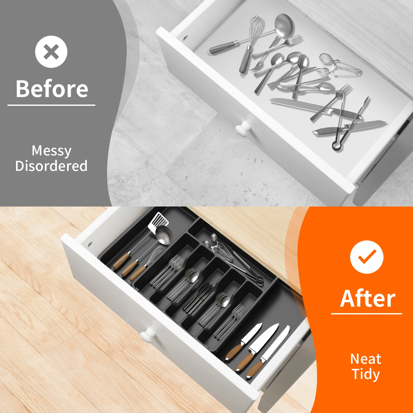 Cutlery Drawer Organiser, 33-57CM Expandable Utensil Tray for Kitchen with 8 Compartment Holders,for Spoons Forks Knives thumbnail 5