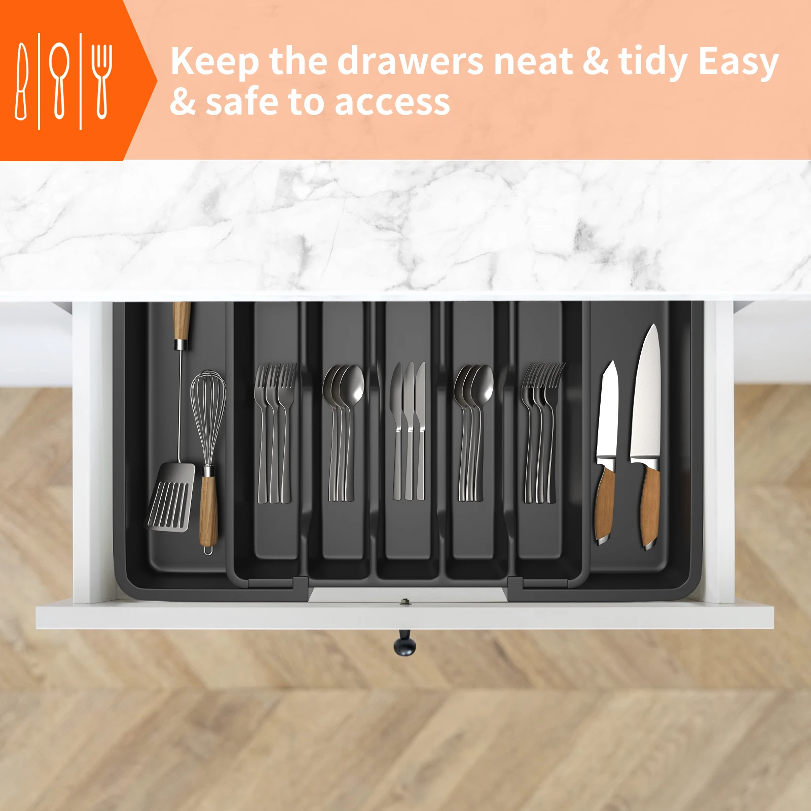Cutlery Drawer Organiser, 33-57CM Expandable Utensil Tray for Kitchen with 8 Compartment Holders,for Spoons Forks Knives thumbnail 6