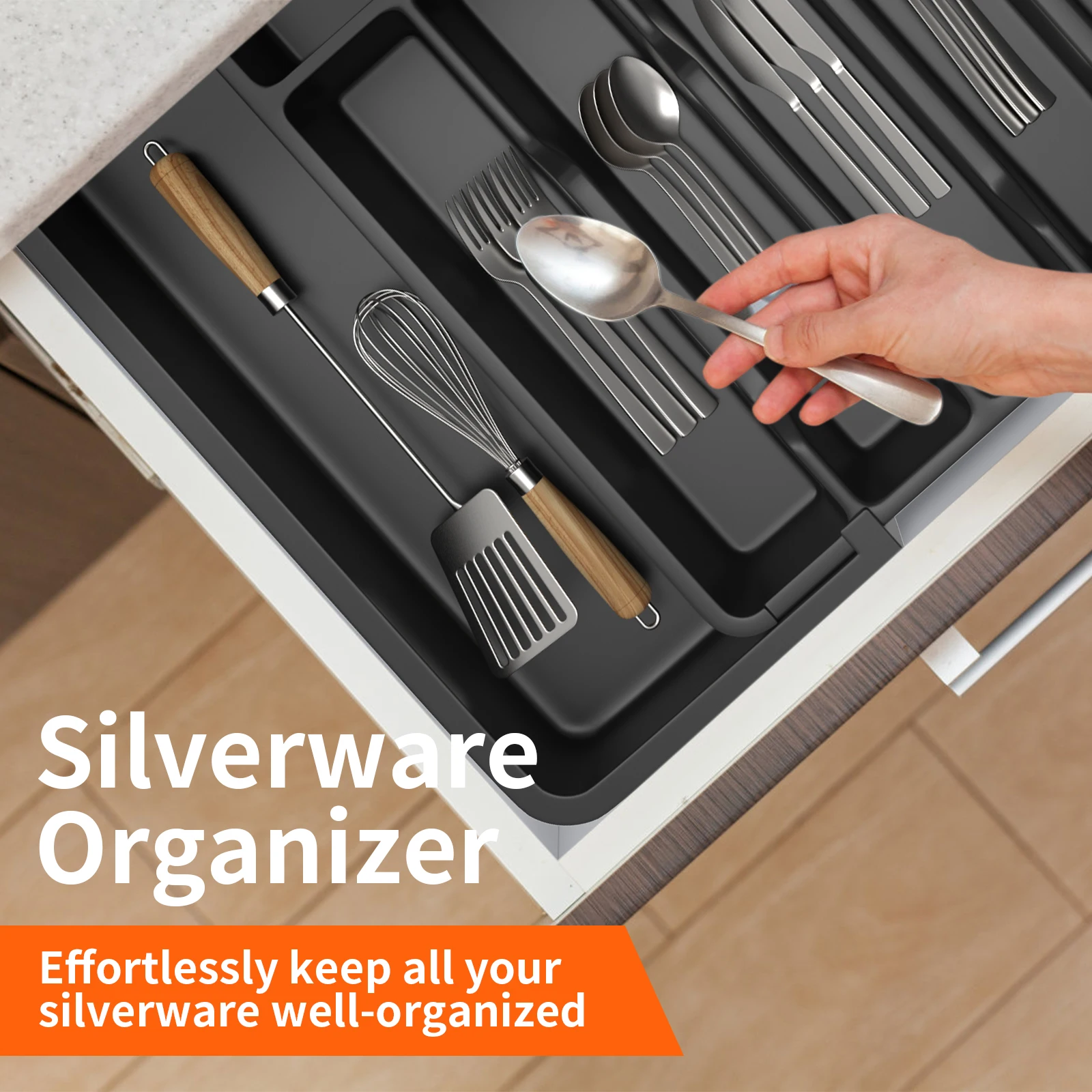 Cutlery Drawer Organiser, 33-57CM Expandable Utensil Tray for Kitchen with 8 Compartment Holders,for Spoons Forks Knives thumbnail 3