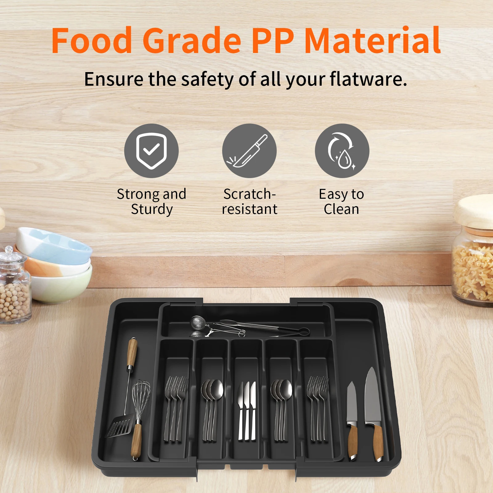 Cutlery Drawer Organiser, 33-57CM Expandable Utensil Tray for Kitchen with 8 Compartment Holders,for Spoons Forks Knives thumbnail 2