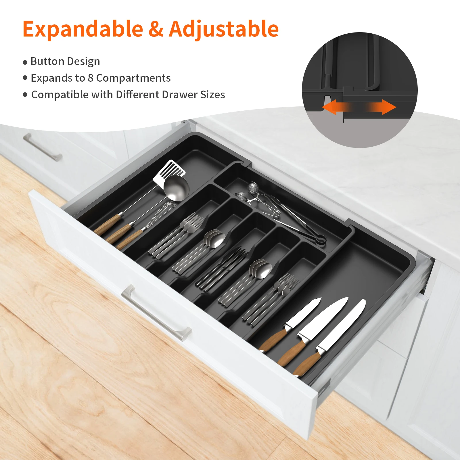 Cutlery Drawer Organiser, 33-57CM Expandable Utensil Tray for Kitchen with 8 Compartment Holders,for Spoons Forks Knives thumbnail 4