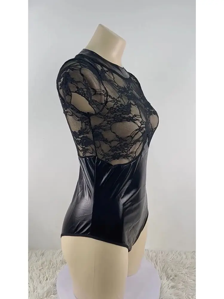 S-3XL Short Sleeve Faux PU Leather Catsuit Lace Patchwork Transparent Bodysuit Tights Sexy Body Teddies Swimsuit Leotard Unitard thumbnail 4